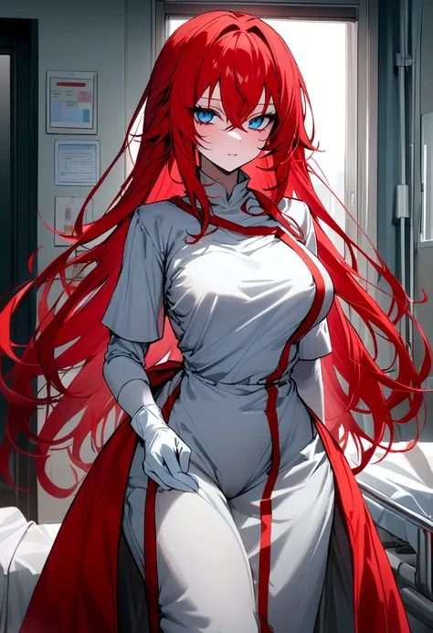 Rias Gremory blue eyes red hair wearing surgeon&#39;s clothes and in a hospital