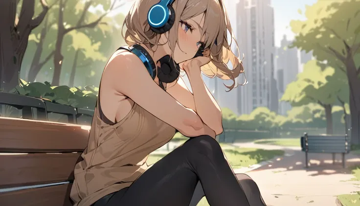 ((Top Quality)), ((Masterpiece)), ((Detail)), perfect face, perfect body, wearing headphones, wearing leggings, listening to music, sitting on bench, park background, face visible, no outerwear