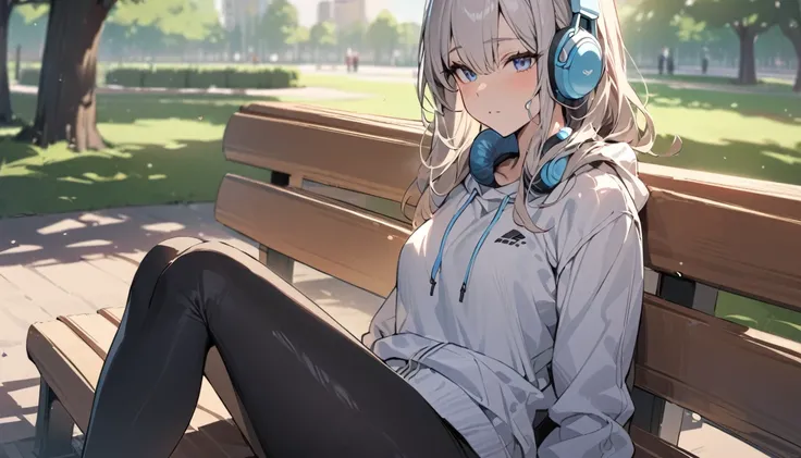 ((Top Quality)), ((Masterpiece)), ((Detail)), perfect face, perfect body, wearing headphones, wearing leggings, listening to music, sitting on bench, park background, face visible, no outerwear