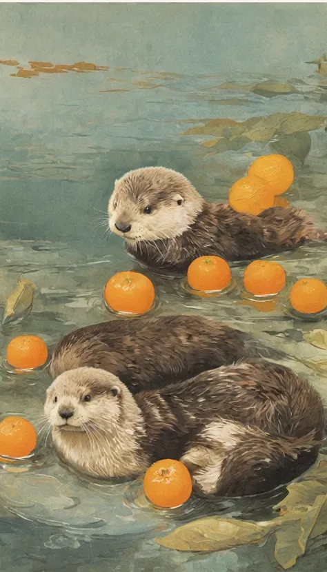 Floating in the sea２Sea Otters、Have tangerines