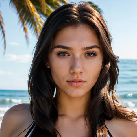 A sexy 18 year old,  tumbler ruiva, ((black eye color)) , sardines on the face, long hair, face perfect, she is in the (beachfront)
(Ultra realistic and detailed 14k photo quality) (same face ) best qualityer