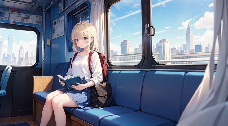 A young girl sits alone on a blue train, gripping a white book. The trains interior is bathed in a cool blue hue, with light wooden flooring and a large window revealing a cityscape outside. The girls expression is one of deep concentration, as if shes los...