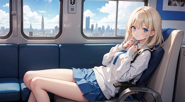 A young girl sits alone on a blue train, gripping a white book. The trains interior is bathed in a cool blue hue, with light wooden flooring and a large window revealing a cityscape outside. The girls expression is one of deep concentration, as if shes los...