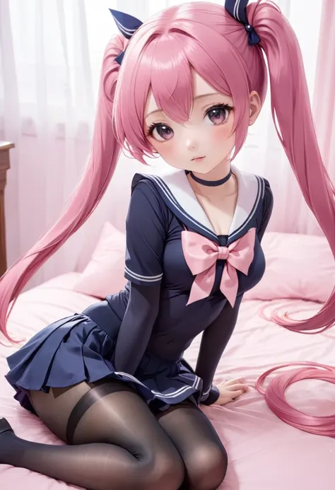 black pantyhose,loli,sailor,skirt,cute,lying,,pink hair,twintails,,shy,medium breasts,panties under pantyhose