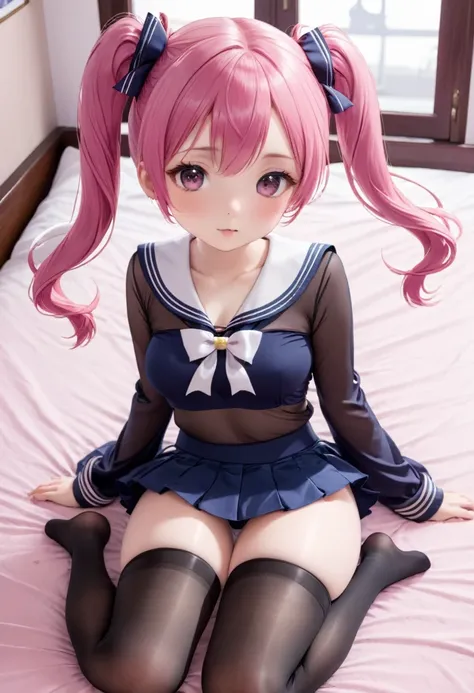 black pantyhose,loli,sailor,skirt,cute,lying,,pink hair,twintails,,shy,medium breasts,panties under pantyhose