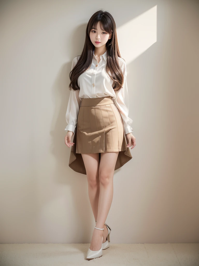 High heels、blouse、Mid-length skirt 、(Highest quality)、((Very detailed))、4K、(8K)、masterpiece、Very detailedな、Highest quality、Super Resolution、1 person、Kind Face、Soft Light、RAW quality、Soft Skin、163cm、White Room