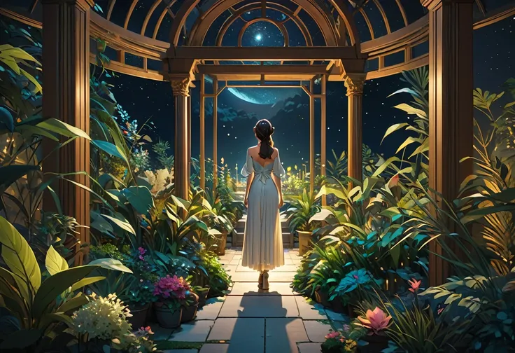 (((zoom out))),8k,((Highest quality)),((high-res)),((shot from behind)),night,She stands in a sanctuary,outside,clear,plants,thank you!