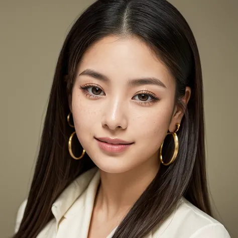 "A young 21-year-old woman named Lila Nakamura with a mixed Japanese and American heritage. She has thick dark black eyeliner, glossy lips, and a neutral to slight smile expression. She has straight, black hair with blonde highlights that falls just past h...