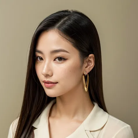 "A young 21-year-old woman named Lila Nakamura with a mixed Japanese and American heritage. She has thick dark black eyeliner, glossy lips, and a neutral to slight smile expression. She has straight, black hair with blonde highlights that falls just past h...