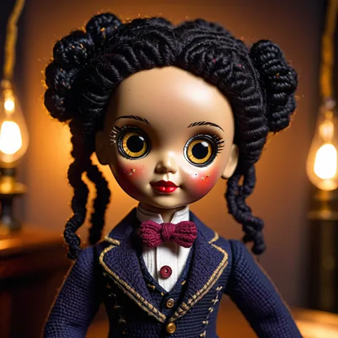 (voodoo doll crochet toy:1.5), (voodoo Samuel Morse:1.3), (voodoo stitches in the form of dots and dashes:1.9), (clothing: 19th century formal suit:1.0), (accessories: enchanted telegraph key emitting sparks of communication magic, floating spectral dots a...