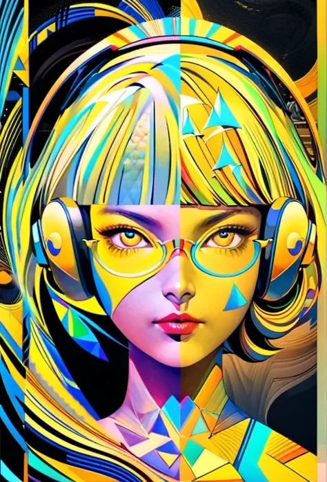 (((yellow glasses:1.3))), headphone, short hair, blunt bangs,Please turn the provided image into a painting keeping the same agape face features and realistic likeness and with the following characteristics: Art Style: Flowing Picasso style. Colors: Vibran...