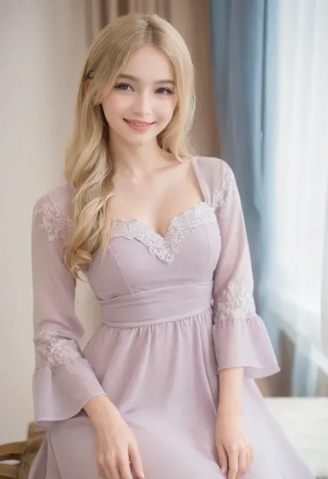 Leila、18-year-old、（Russian women）、（Cute face）、（Thin contours:1.3）、（Grey Eyes:1.8）、（Big Breasts:1.3）、（Narrow waist）、（Natural blonde medium long hair:1.3）8-head-tall model style、Long dress、Inside the room、smile