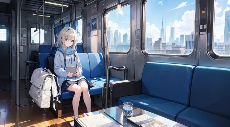 A young girl sits alone on a blue train, gripping a white book. The trains interior is bathed in a cool blue hue, with light wooden flooring and a large window revealing a cityscape outside. The girls expression is one of deep concentration, as if shes los...