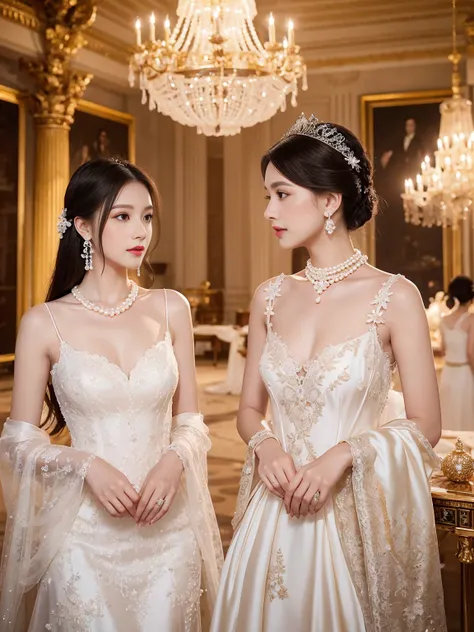 A ball held in a palace, a luxurious and formal atmosphere, a white dress, a silk dress, an empire dress, lace and jewelry decorations, embroidery decorations, a pearl necklace, pearl earrings, shiny hair pins, a ball gown for a feminine woman.