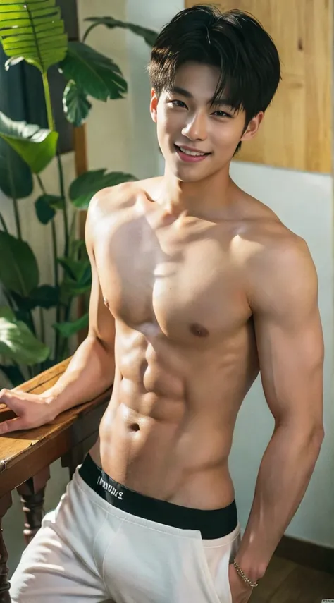 ((masterpiece)), ((best quality)), ((high resolution)), ((Detailed background)), ((Extremely detailed CG unified 8k wallpaper)), alone, Young boy, black hair ,short hair ,Smile , thin waist, 6-pack abs,sexly胸肌,sexly, Thin stature, Wear jockstrap , detailed...