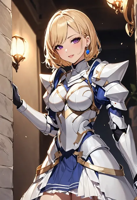 masterpiece、Highest quality、Ultra-high resolution、Maximum resolution、Very detailed、Professional Lighting、anime、Adult female、thin、so beautiful、Beautiful Face、Maid Skirt、((Blue and white armor))、Shiny Armor、Holding a bow、Gold earrings、blonde、Purple eyes、Pink...