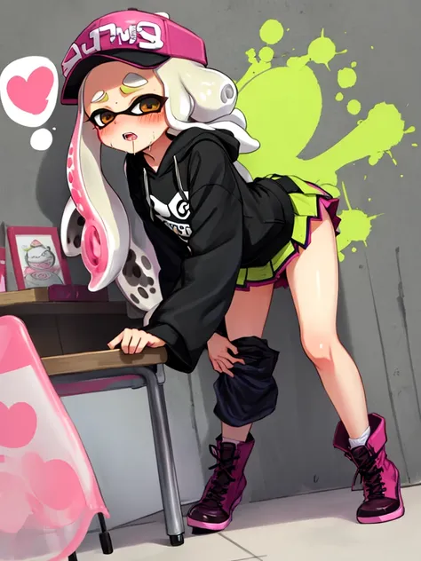 background:wall,solo,Lean forward on the desk,Sex,Naughty,blush,Drooling,Naughty,Splatoon,hoodie,Moe sleeves,skirt,boots,Pattering your feet,General convulsions,