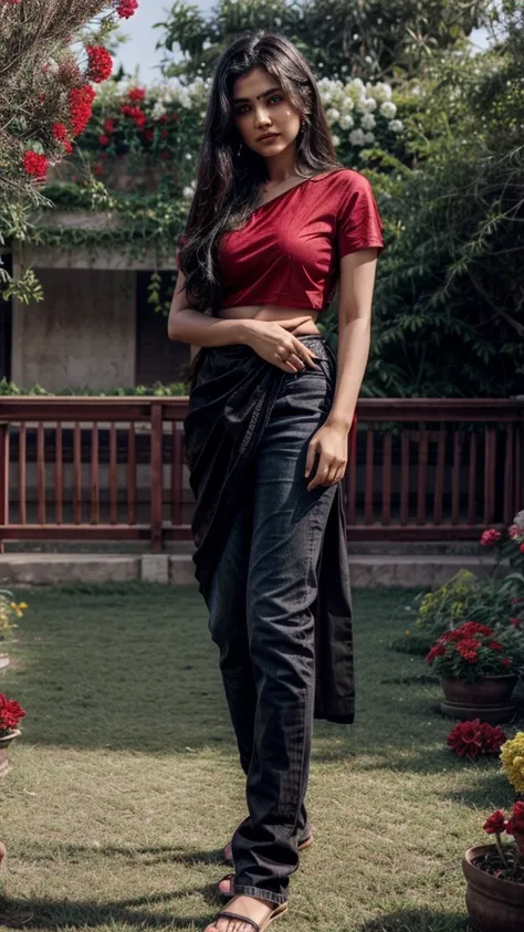 18 year Girl dress saree boy dress Black jeans red t-shirt background garden propose gulab Ke phool se image