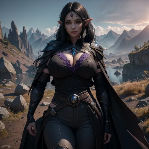 ((Best quality)), ((masterpiece)), (detailed: 1.4), 3D, (half-elf sorceress), (black hair, purple eyes:1.5, pale brown skin), (black robe, purple sleeves, grey pants, black boots and black armbands), (huge tits, big booty, short, curvy), (heavy gothic make...