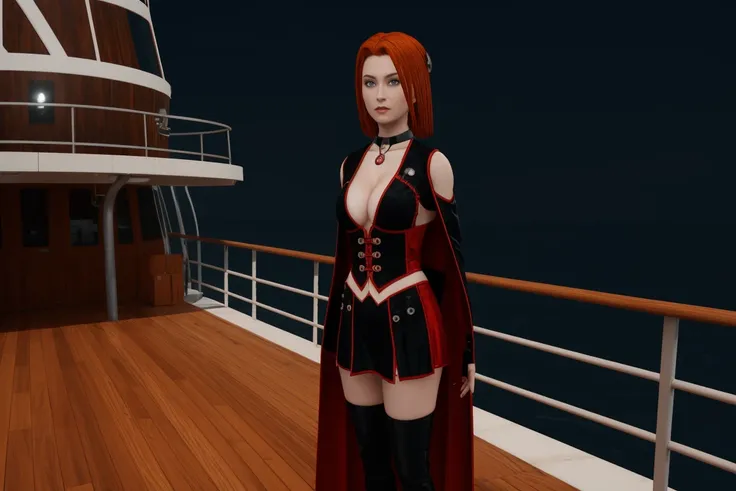 A stunning female rayneclassic stands poised on the weathered deck of a majestic ship at night in Miami. Her porcelain skin glows softly, illuminated by the warm light of the loghthouse. Delicate features and raven tresses frame her enigmatic smile as she ...