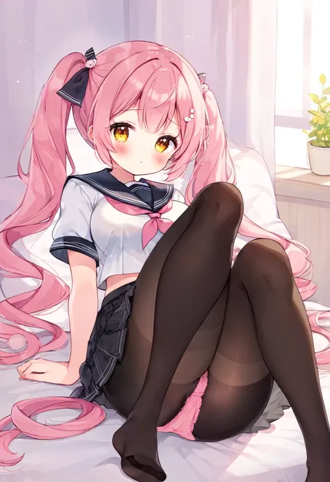 black pantyhose,loli,sailor,skirt,cute,lying,,pink hair,twintails,,shy,medium breasts,panties under pantyhose