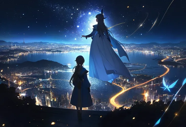 (((zoom out))),8k,((highest quality)),((high-res)),((shot from behind)),night,she stands in a magical world ,thank you!