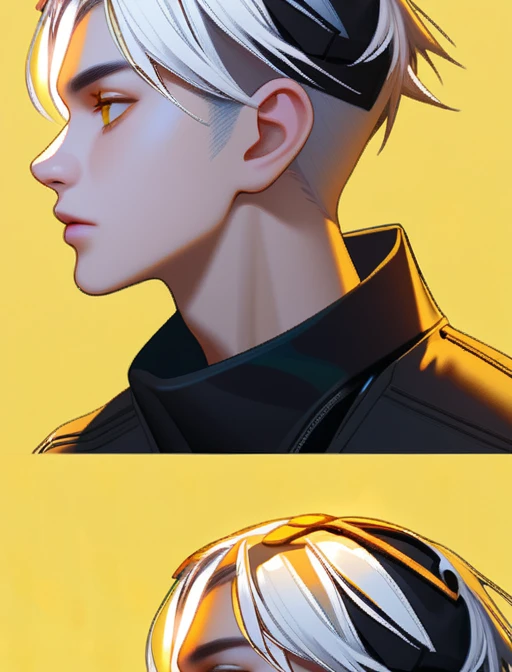 Cyberpunk,hyperrealistic, 1 boy with black and white hair,Profile,yellow background, yellow eyes