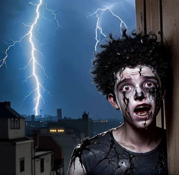 A boy is electrocuted in a comedy drama, covered in soot and left in tatters after being struck by lightning.