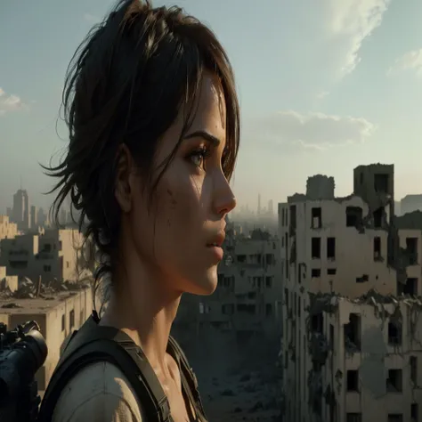 Arabian woman facing forward with backpack, Post-apocalyptic都市で, movie still from tomb raider, A destroyed city in the background, neil blomkamp movie landscape, ドラマチックなSFmovieの静止画, 実写movieの静止画, Post-apocalyptic, Post-Apocalypse, 8K movie静止画, Ruined city i...