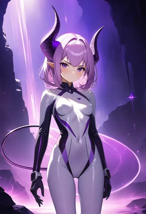 1girl, surrounded by purple magic, serious glare, alien, (((small horns))), purple alien tail, purple magic, natural breasts, sci-fi, white bodysuit, long sleeves, light-purple hair, dark cave, masterpiece quality, ultra HD, 4K, best quality, 