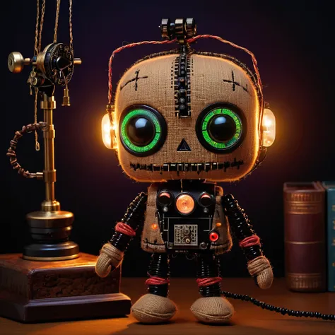 (voodoo doll toy:1.5), (Voodoo Samuel Morse:1.3), (Stitches: Morse code dot and dash stitches:1.8), (Clothing: Morse code dot and dash stitches:1.0), (Accessories: Enchanted telegraph key emitting sparks of communication magic, floating spectral dots and d...