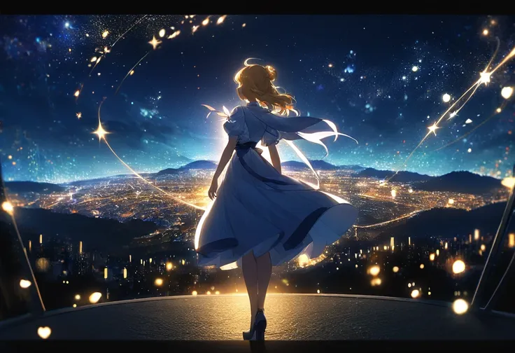 (((zoom out))),8k,((highest quality)),((high-res)),((shot from behind)),night,she stands in a magical world ,thank you!