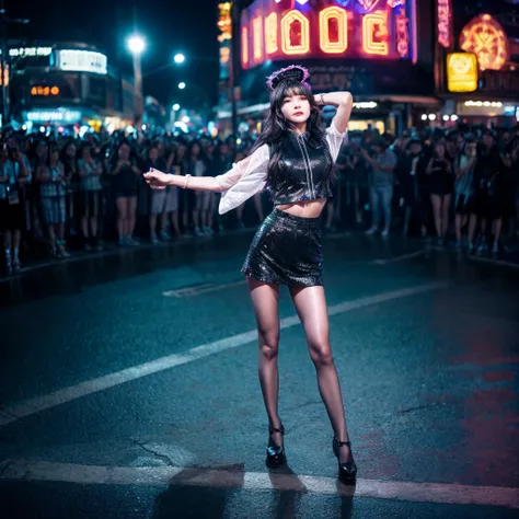 A photograph of the bustling streets of Yaowarat taken by a 800mm lens of the Sony A90, featuring a girl who looks like Lisa, with long, flowing black hair styled in loose waves. Shes adorned with a sequined vest, the centerpiece being a large, black star ...