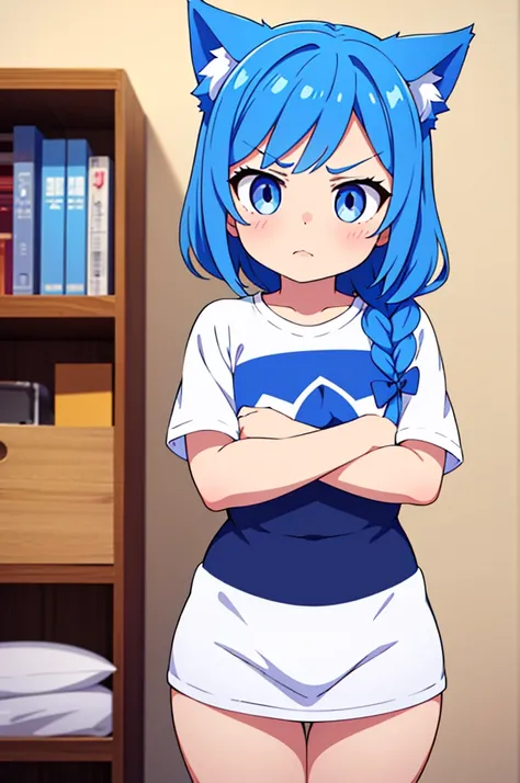 1 female, small kid cat girl, realistic lips oversized white t-shirt going all the way to the thighs, arms crossed propping up breast, hourglass figure, white eyes, french braid, blue hair, annoyed, cat ears, in an apartment, best quality
