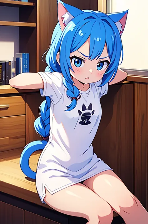 1 female, small kid cat girl, realistic lips oversized white t-shirt going all the way to the thighs, arms crossed propping up breast, hourglass figure, white eyes, french braid, blue hair, annoyed, cat ears, in an apartment, best quality
