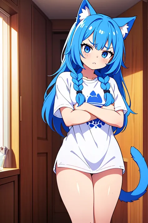 1 female, small kid cat girl, realistic lips oversized white t-shirt going all the way to the thighs, arms crossed propping up breast, hourglass figure, white eyes, french braid, blue hair, annoyed, cat ears, in an apartment, best quality
