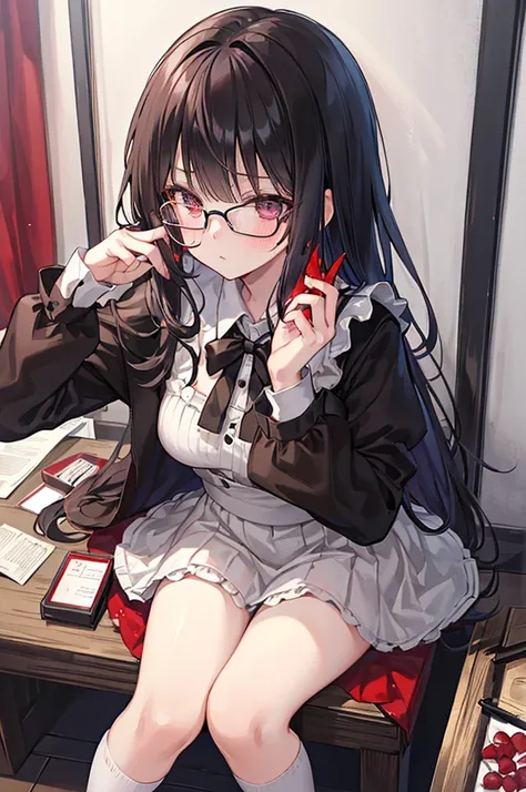 Bloody、Blood splatter、Dark shades、red tint、Looking At Other、Blunt bangs、Sitting,Place your hands between your legs,Maid, Glasses, Over the knee socks,Drunk Eyes,Blunt bangs, Black Hair,(Tabletop:1.2, Highest quality), (beautiful, Fine grain: 1.2), (Detaile...