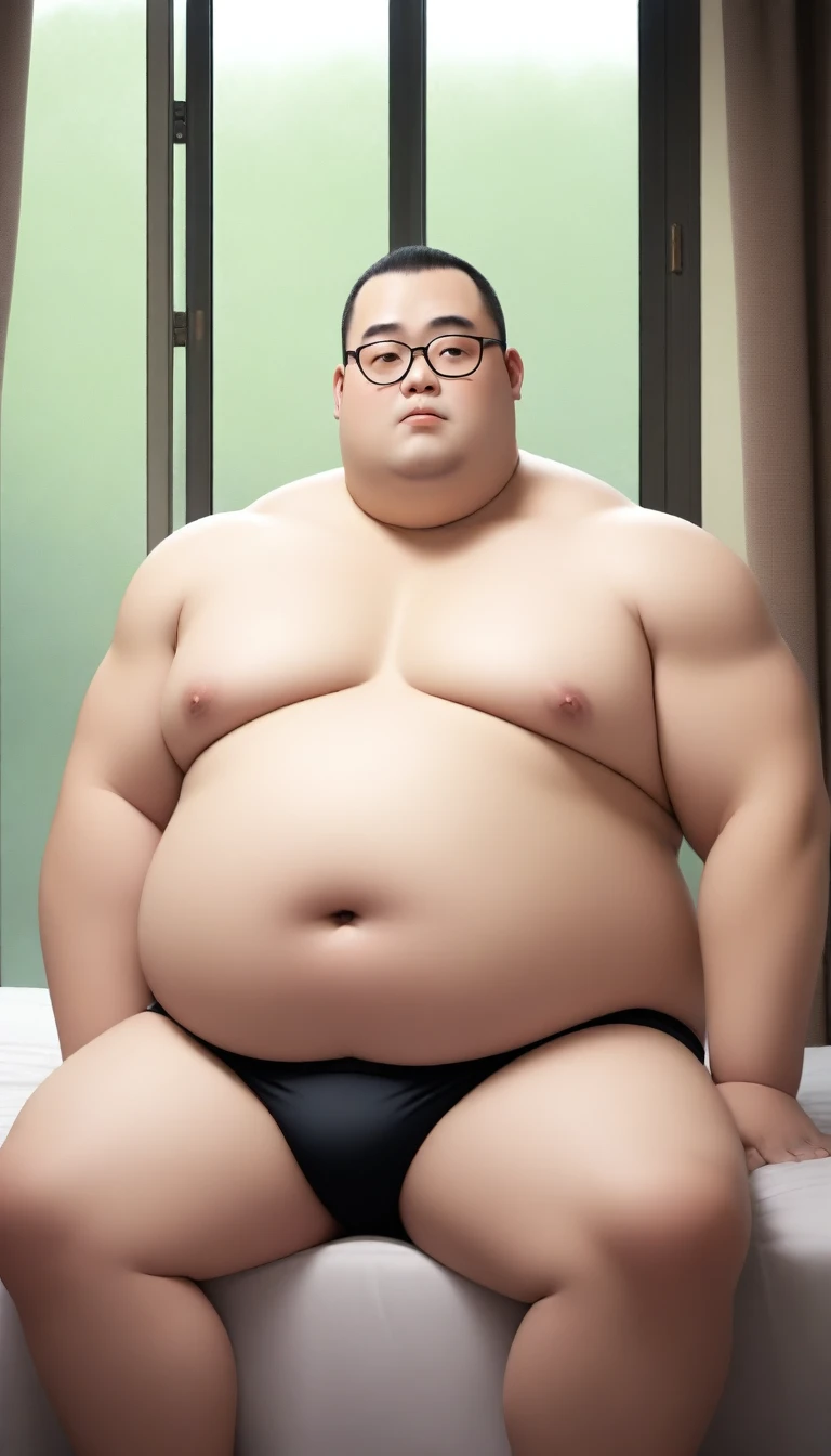 A fat man，Big eyes，Black round glasses，short hair，Round inches，Big round face，Very large and well-developed chest muscles，Big full belly，Sitting on the bedside with glass window curtains，The upper body is bare，Wearing briefs with bulge in the crotch，Orient...