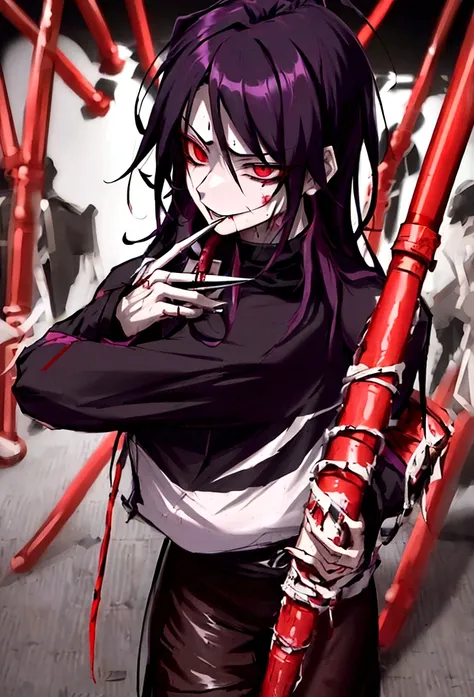 The image depicts a character, a sinister anime character with a cunning yet created aura. She is bloody, holding a knife and feeling deranged, resulting in anxiety and fear. The sight of ten at the same time is sexually exciting. Figure ragged but modern ...