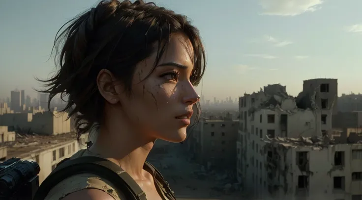 looking at a camera with ones eyes fixed on the camera　Arabian woman with backpack looking at city skyline, Post-apocalyptic都市で, movie still from tomb raider, A destroyed city in the background, neil blomkamp movie landscape, ドラマチックなSFmovieの静止画, 実写movieの静止...