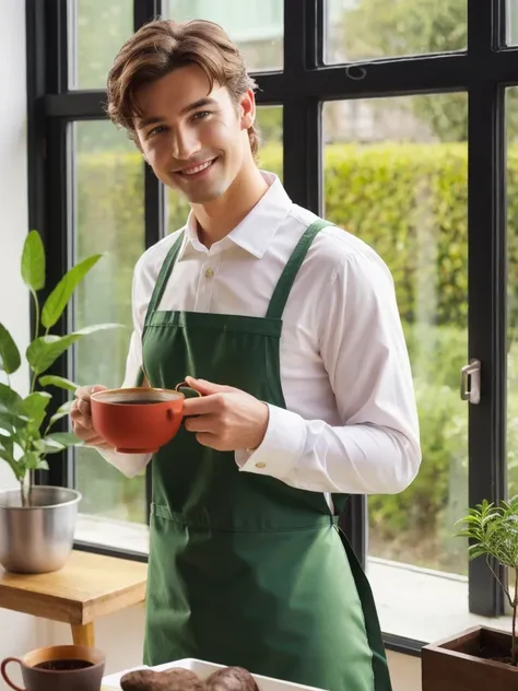 , 8k, realism,photorealism,hd,4k,8hd 
1boy, apron, brown eyes, brown hair, cup, green shirt, holding, indoors, kettle, long sleeves, looking at viewer, male focus, medium hair, mole, mole under eye, plant, potted plant, pouring, red eyes, reflection, shirt...