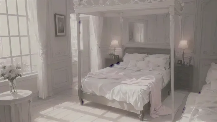 there is a bed with a canopy in a room with white walls, Unreal Engine ; Romantic Theme, bedroom background, bed is not made, dim bedroom, in a bedroom, Photorealistic Room, Cream colored room, bed room, inside of a bedroom, Dreamlike atmosphere and drama,...