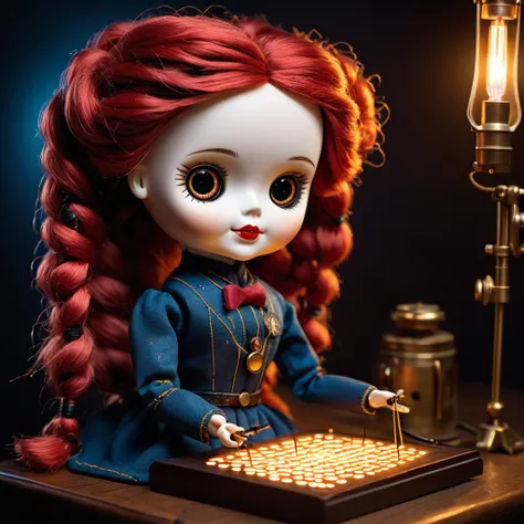 (voodoo doll toy:1.7), (Voodoo Samuel Morse:1.2), (Stitches: Morse code dot and dash stitches:1.8), (Clothing: Morse code dot and dash stitches:1.0), (Accessories: Enchanted telegraph key emitting sparks of communication magic, floating spectral dots and d...