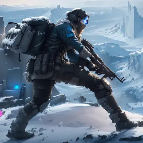 Holding a gun on the snowy mountain、Arav soldier with backpack, Winter concept art, FPS Game Concept Art, Future soldiers, Sci-fi soldier, Cyberpunk Soldier, Ghost from Apex Legends, fps shooter game, Stunning 8k character concept art, Frostbite 3 renderin...