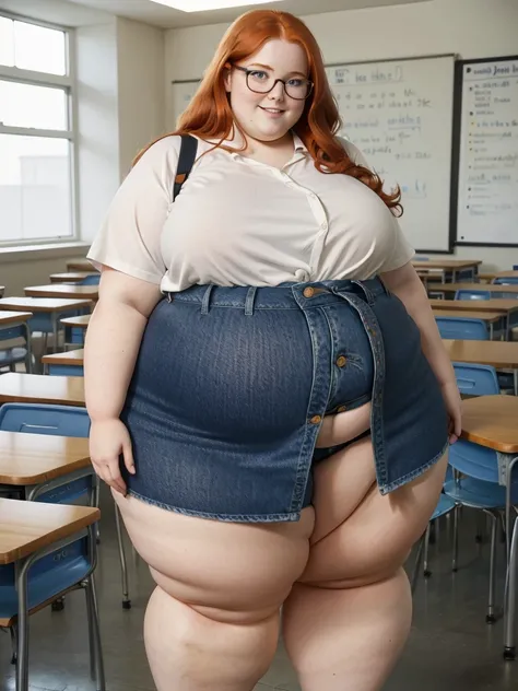 Happy photo of a young cute nerdy redhead bbw student with glasses with long wavy ginger hair soft fat belly, wide fat obese hips, thick fat legs and fat arms, cute pretty face, small breasts, blue eyes, freckles, in long shirt tucked in her simple jeans, ...