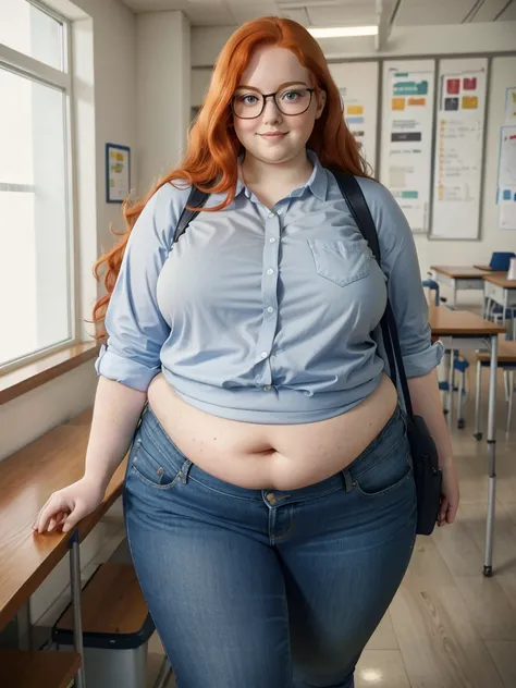 Happy photo of a young cute nerdy redhead bbw student with glasses with long wavy ginger hair soft fat belly, wide fat obese hips, thick fat legs and fat arms, cute pretty face, small breasts, blue eyes, freckles, in long shirt tucked in her simple jeans, ...