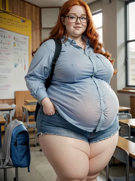 Happy photo of a young cute nerdy redhead bbw student with glasses with long wavy ginger hair soft fat belly, wide fat obese hips, thick fat legs and fat arms, cute pretty face, small breasts, blue eyes, freckles, in long shirt tucked in her simple jeans, ...