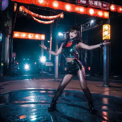 A photograph of the bustling streets of Yaowarat taken by a 800mm lens of the Sony A90, featuring a girl who looks like Lisa, with long, flowing black hair styled in loose waves. Shes adorned with a sequined vest, the centerpiece being a large, black star ...