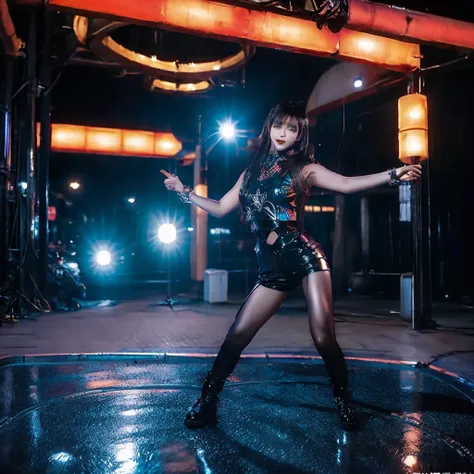 A photograph of the bustling streets of Yaowarat taken by a 800mm lens of the Sony A90, featuring a girl who looks like Lisa, with long, flowing black hair styled in loose waves. Shes adorned with a sequined vest, the centerpiece being a large, black star ...