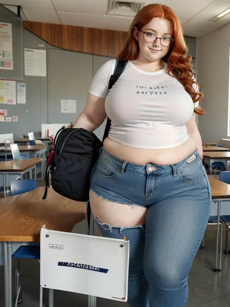 Happy photo of a young cute nerdy redhead bbw student with glasses with long wavy ginger hair soft fat belly, wide fat obese hips, thick fat legs and fat arms, cute pretty face, small breasts, blue eyes, freckles, in long shirt tucked in her simple jeans, ...